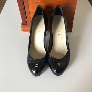 Chanel patent toe pumps